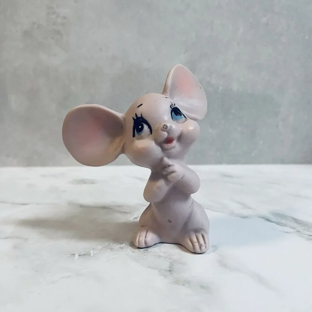 Vintage Kitsch Pink Ceramic Big Ear Mouse Figurine Japan